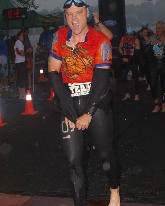 Will Power coming out of the swim at Ironman Lake Placid 2008